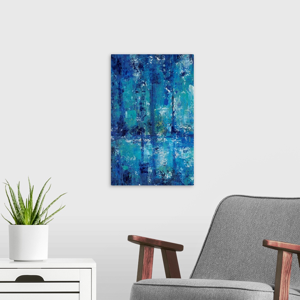 A modern room featuring Blue Reflection Triptych I