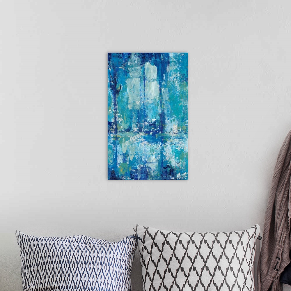 A bohemian room featuring Blue Reflection Triptych II