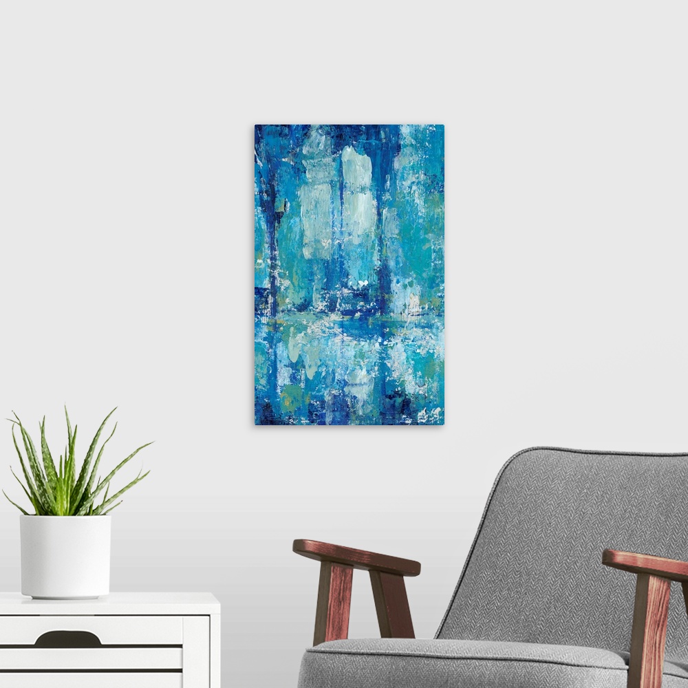 A modern room featuring Blue Reflection Triptych II