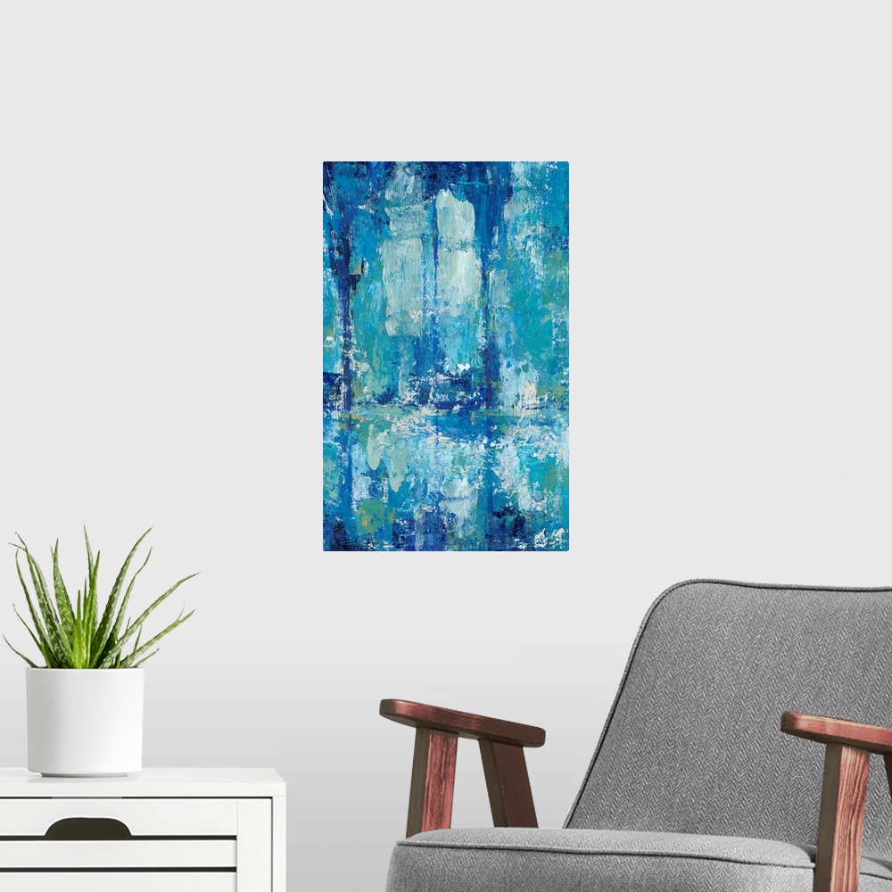A modern room featuring Blue Reflection Triptych II