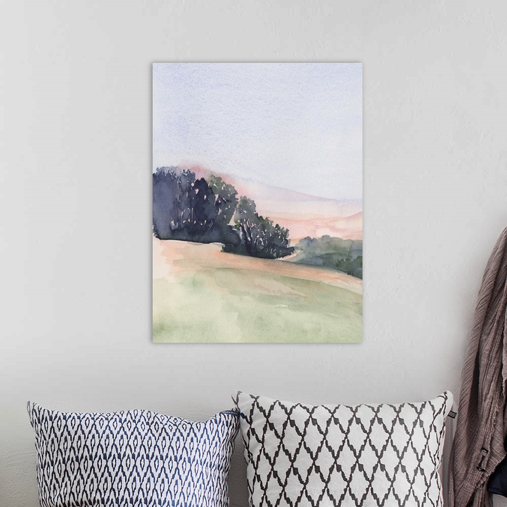A bohemian room featuring Vertical watercolor landscape of rolling hills of pink, green and blue, lined by trees with a blu...