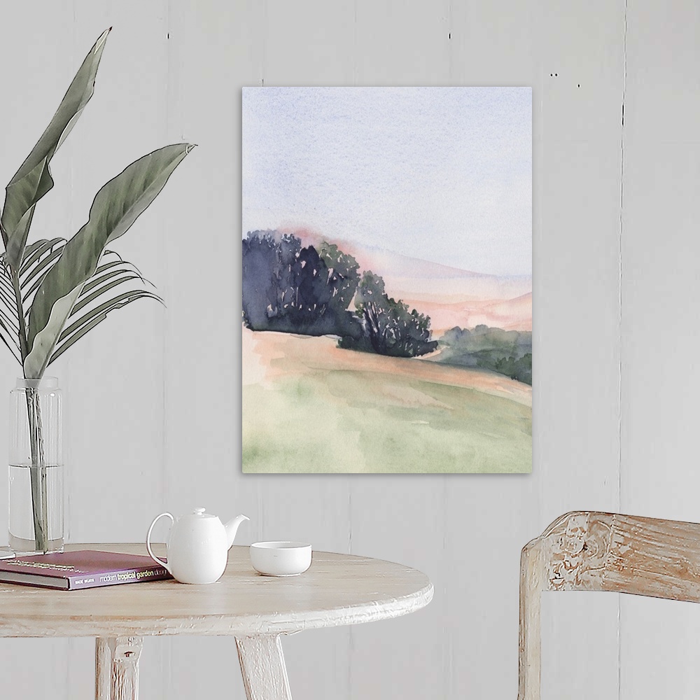 A farmhouse room featuring Vertical watercolor landscape of rolling hills of pink, green and blue, lined by trees with a blu...
