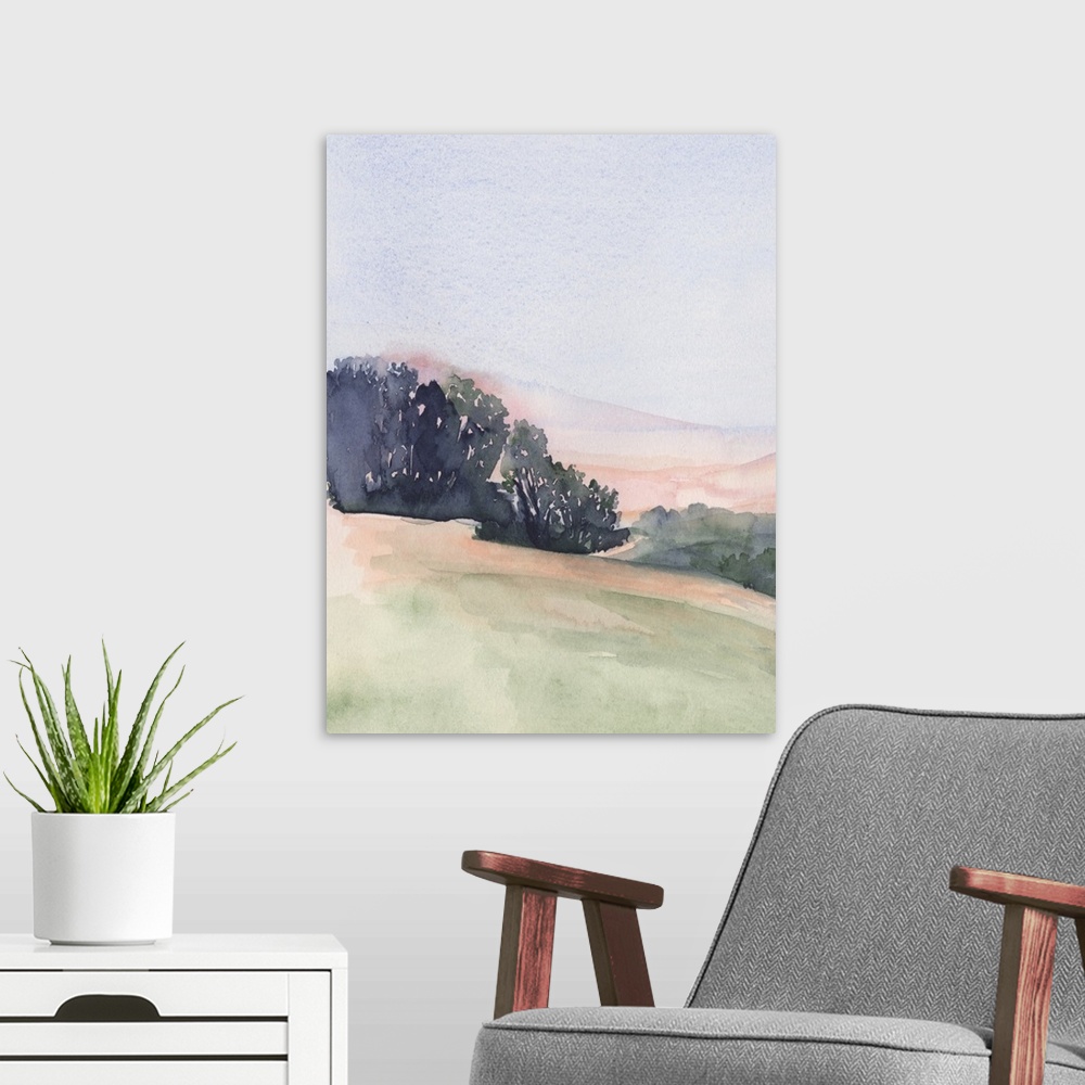 A modern room featuring Vertical watercolor landscape of rolling hills of pink, green and blue, lined by trees with a blu...