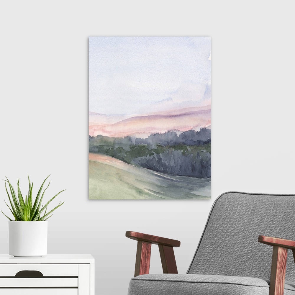 A modern room featuring Vertical watercolor landscape of rolling hills of pink, green and blue, lined by trees with a blu...