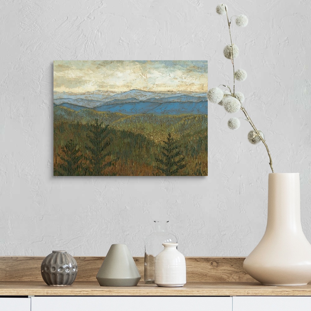 A farmhouse room featuring Contemporary landscape painting of the Blue Ridge mountains.