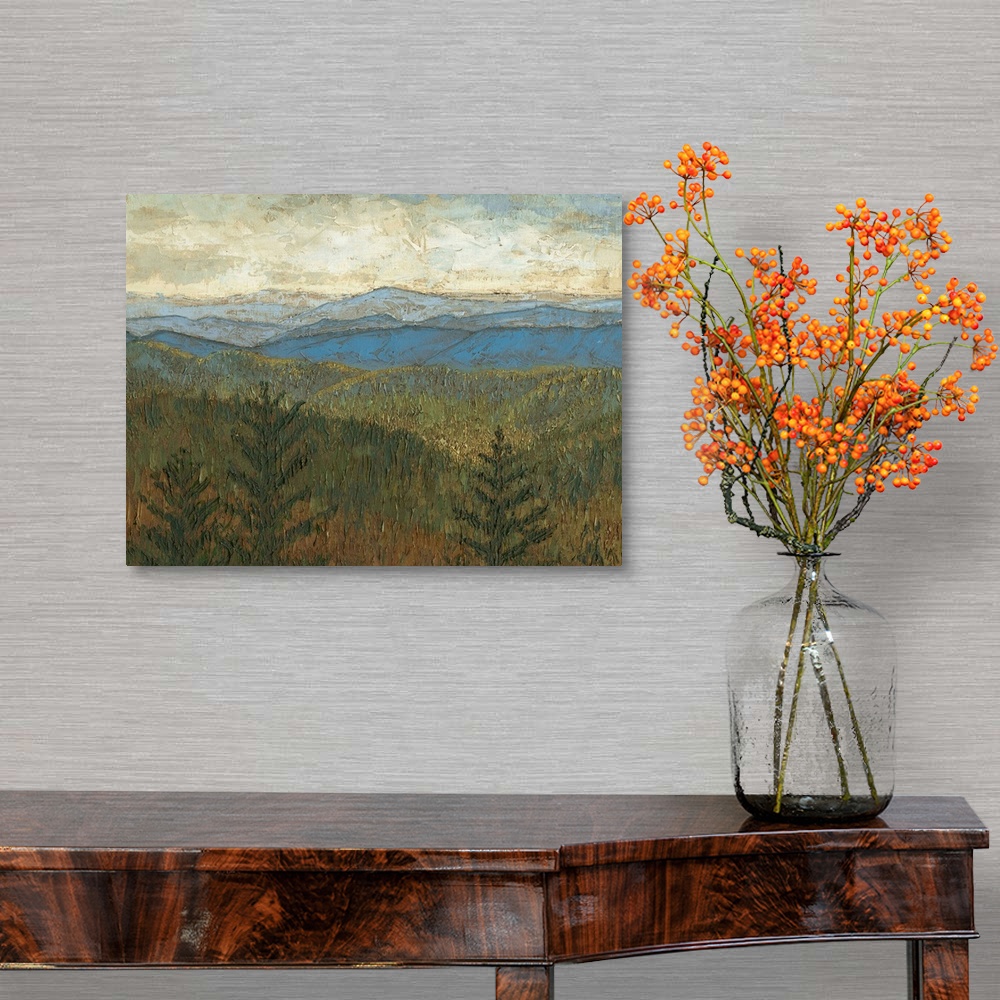 A traditional room featuring Contemporary landscape painting of the Blue Ridge mountains.