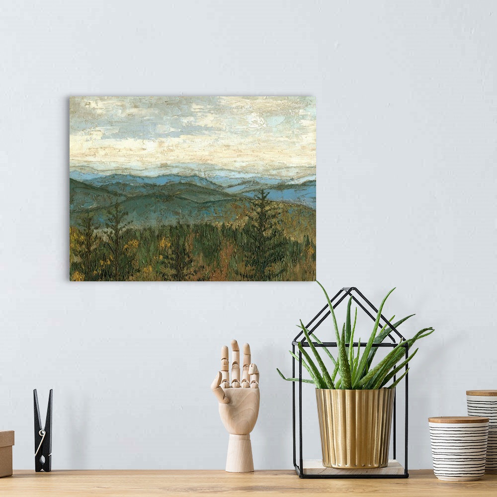 A bohemian room featuring Contemporary landscape painting of the Blue Ridge mountains.