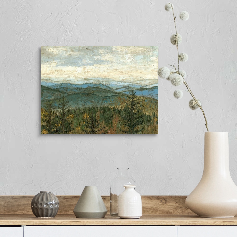 A farmhouse room featuring Contemporary landscape painting of the Blue Ridge mountains.
