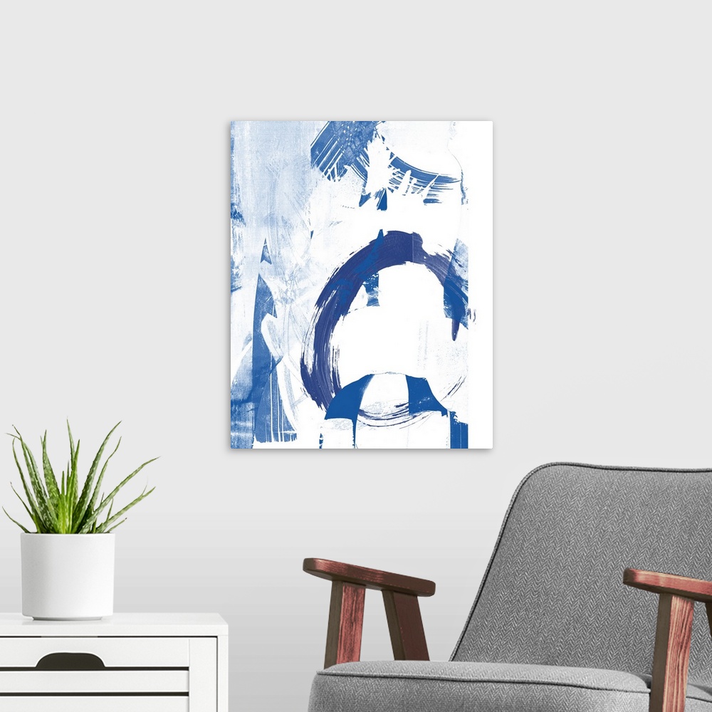 A modern room featuring Contemporary abstract artwork in contrasting deep blue and stark white.