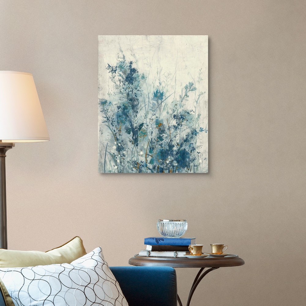 A traditional room featuring Vertical contemporary painting of a garden of spring flowers in different shades of blue.