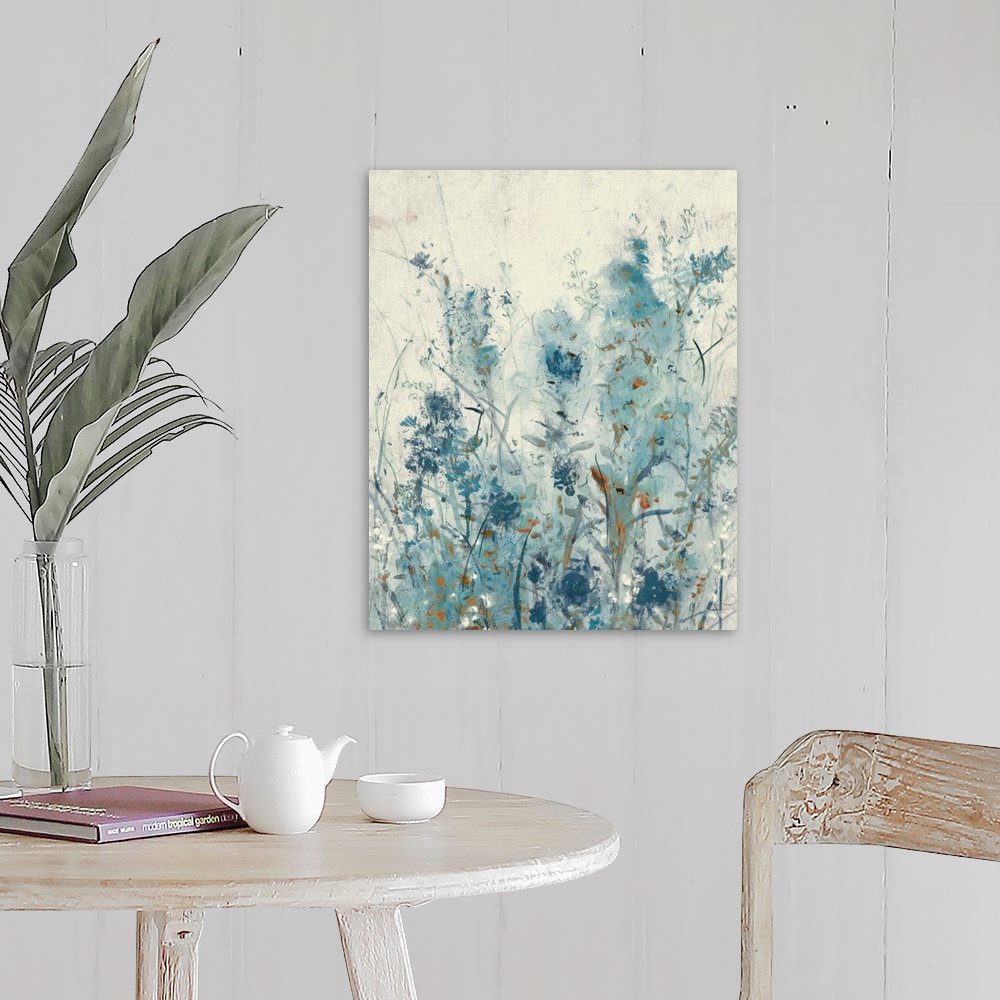 A farmhouse room featuring Vertical contemporary painting of a garden of spring flowers in different shades of blue.