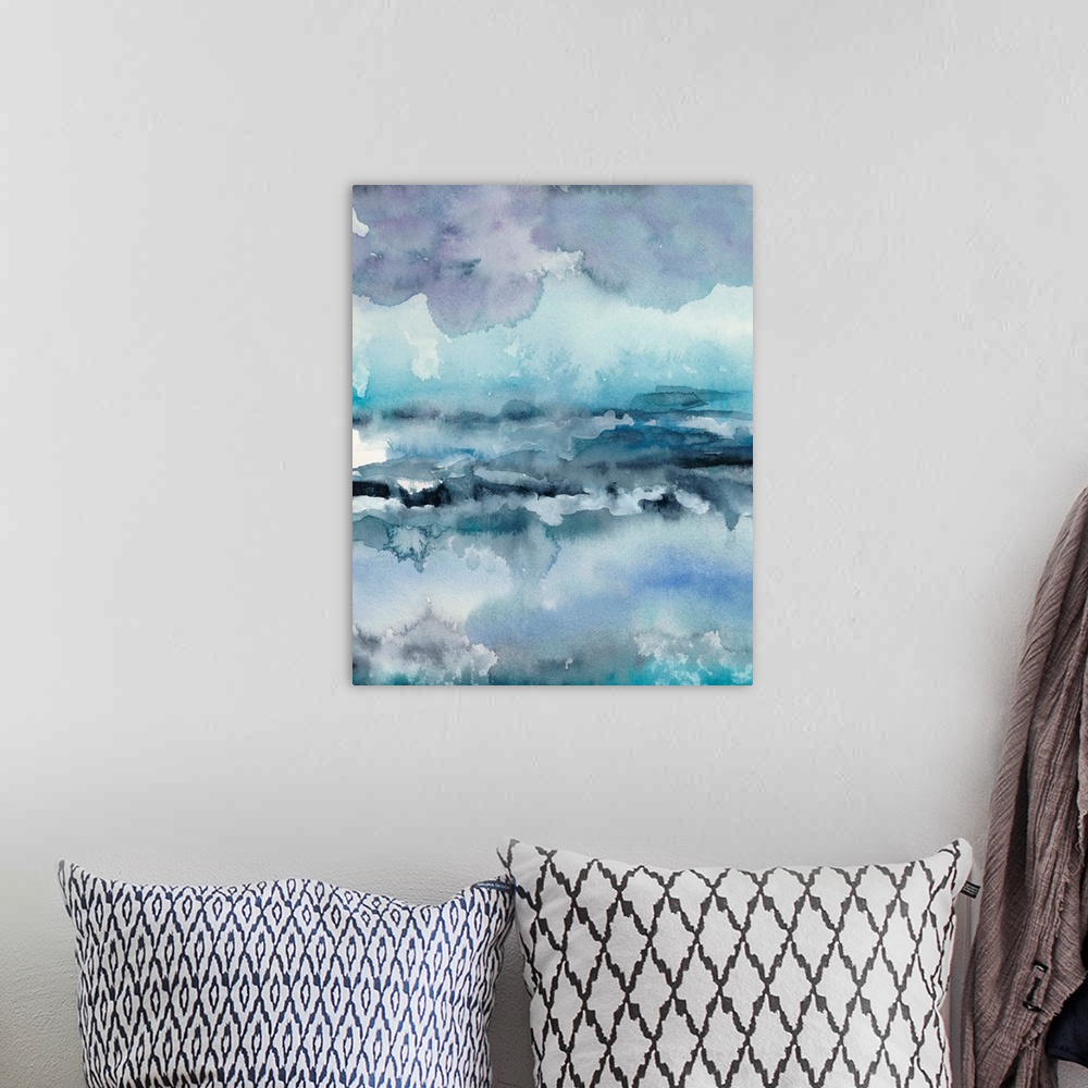 A bohemian room featuring This vertical abstract watercolor painting contains shades of blue, purple and teal.