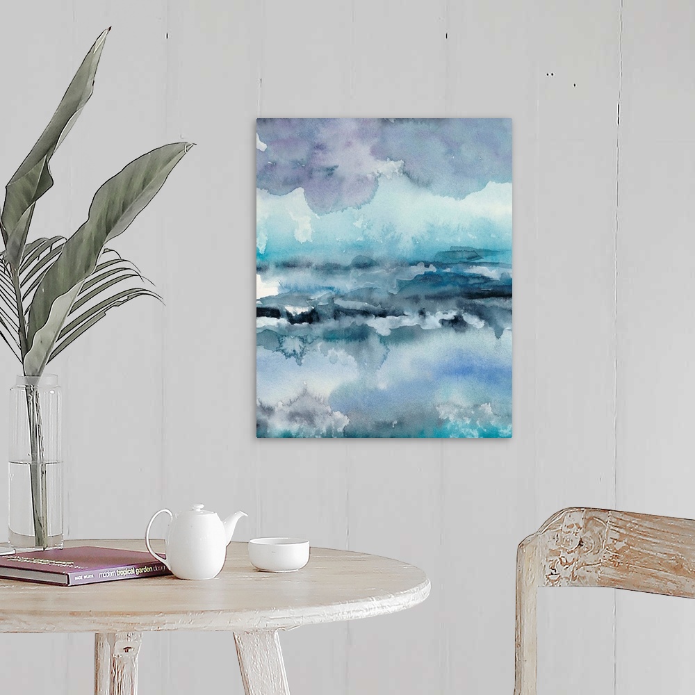 A farmhouse room featuring This vertical abstract watercolor painting contains shades of blue, purple and teal.