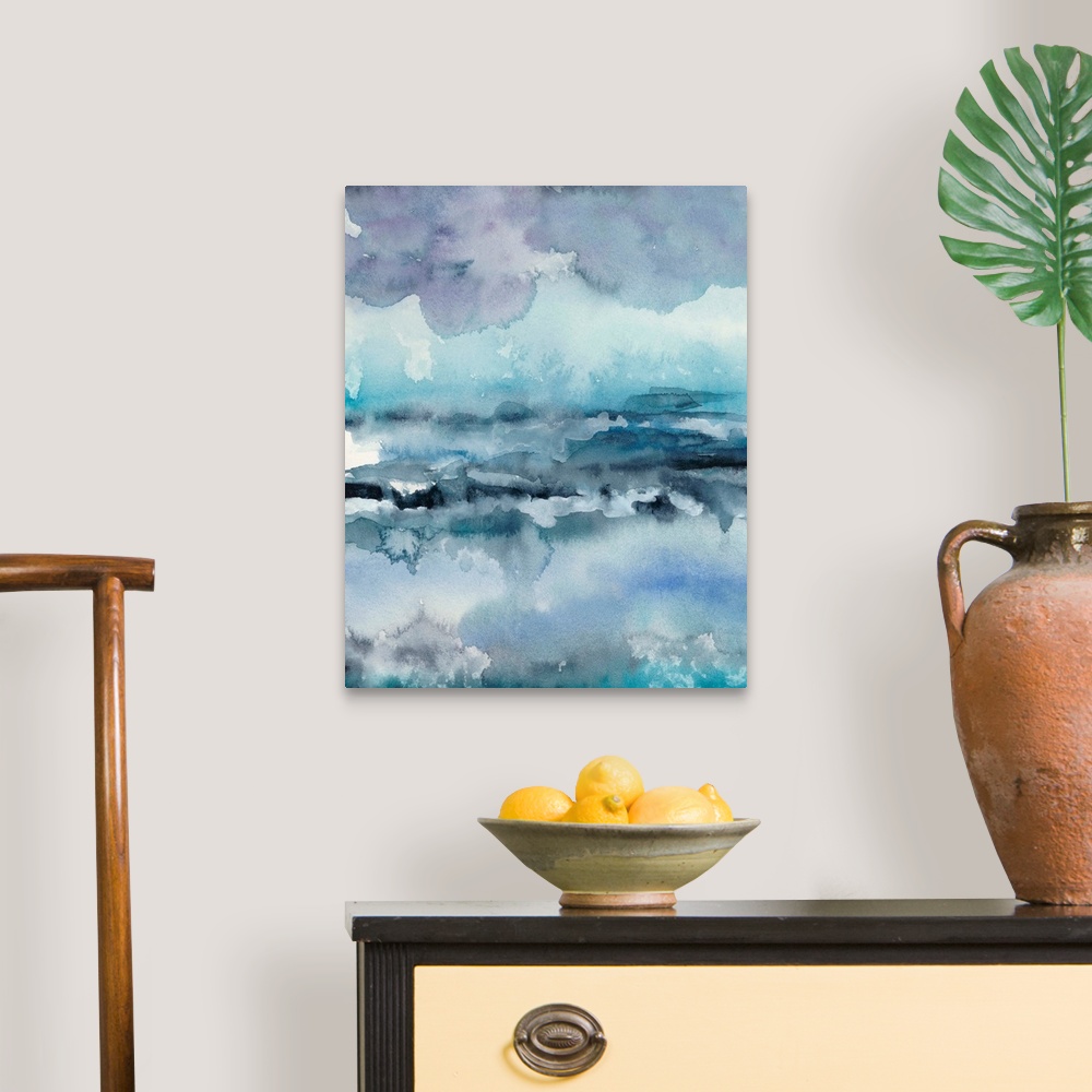 A traditional room featuring This vertical abstract watercolor painting contains shades of blue, purple and teal.