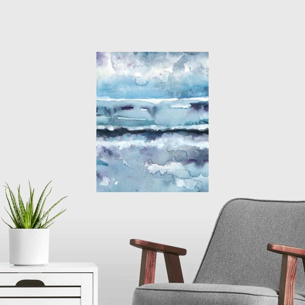 A modern room featuring This vertical abstract watercolor painting contains shades of blue, purple and teal.