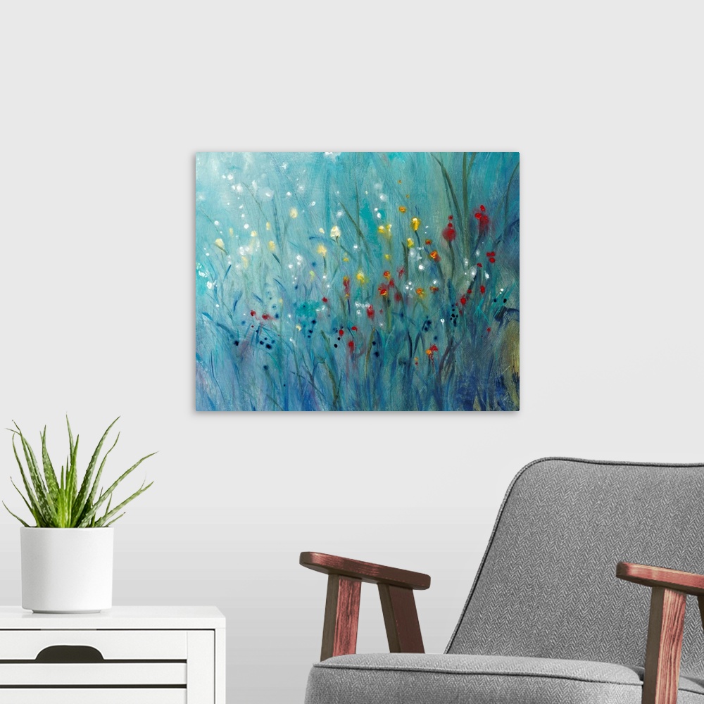 A modern room featuring Contemporary painting of small, brightly colored wildflowers contrasted against dark grass.