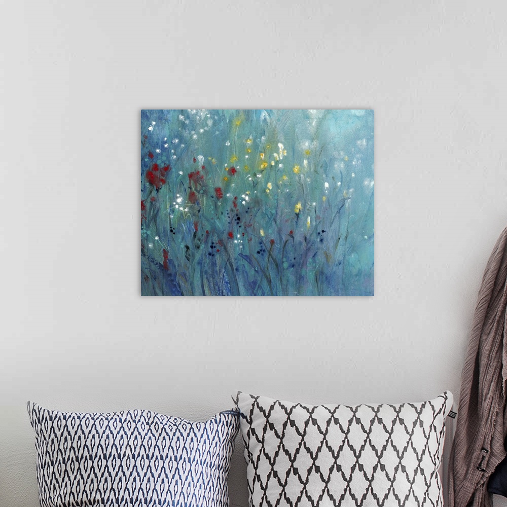 A bohemian room featuring Contemporary painting of small, brightly colored wildflowers contrasted against dark grass.