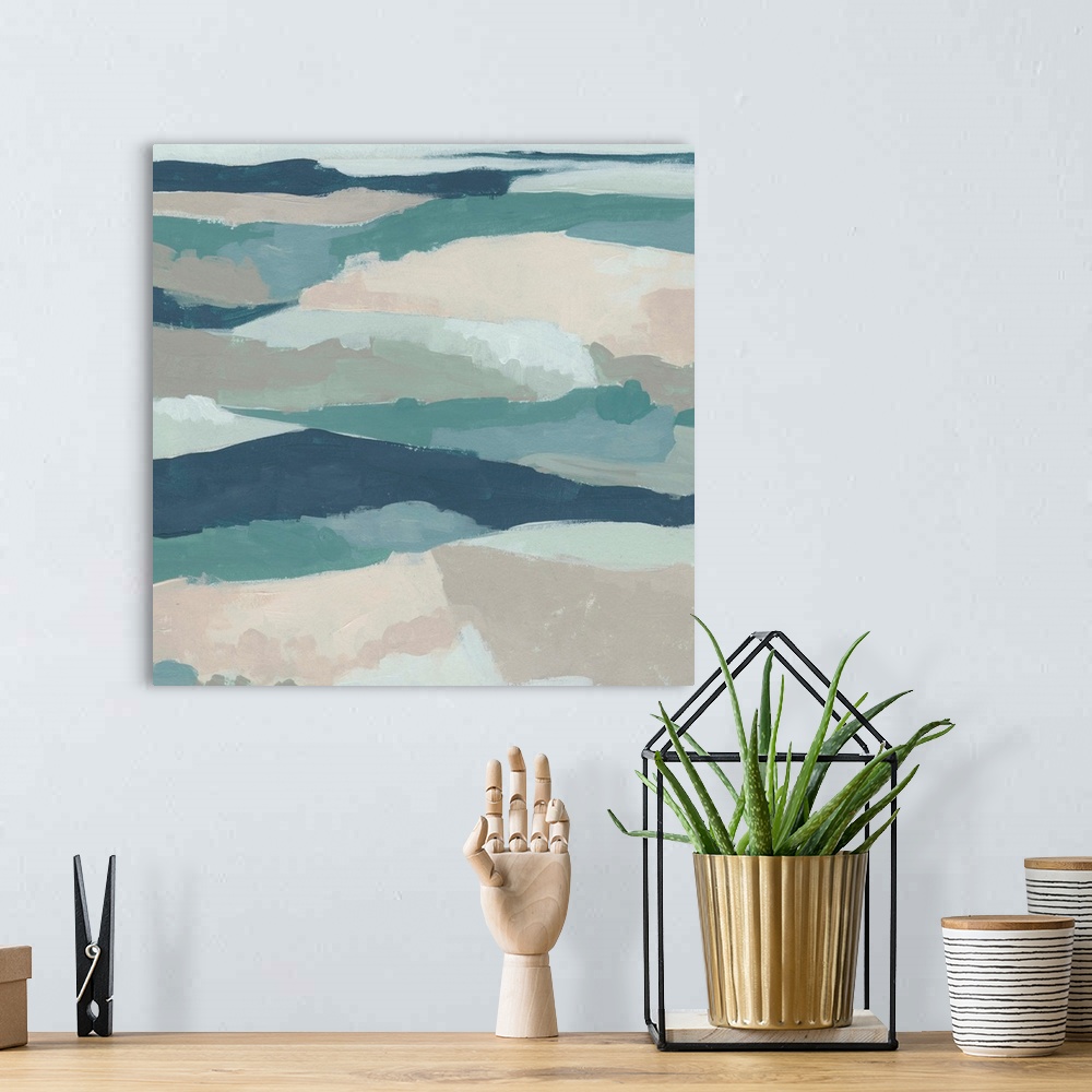 A bohemian room featuring Contemporary abstract of a hilly landscape painting in navy, teal, and pink.