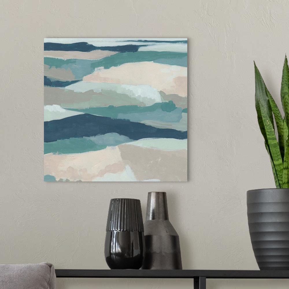 A modern room featuring Contemporary abstract of a hilly landscape painting in navy, teal, and pink.