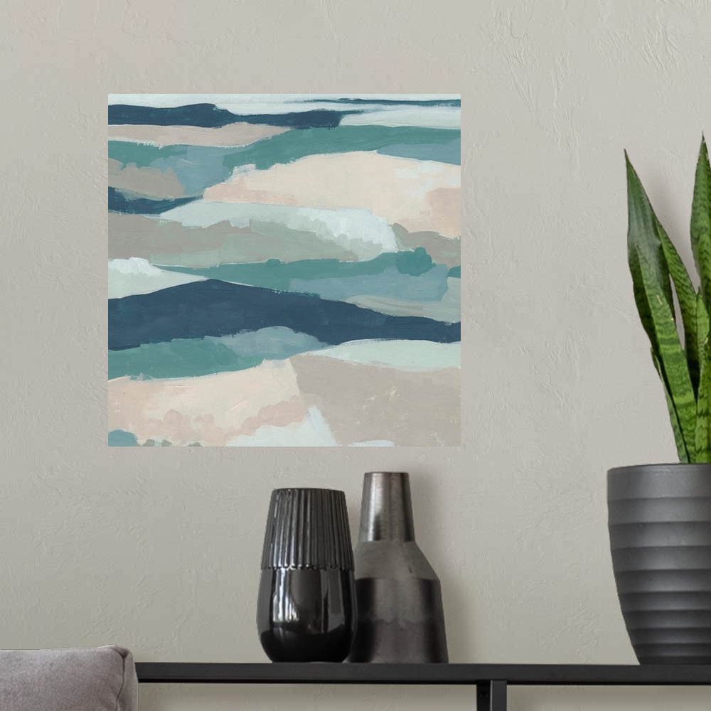 A modern room featuring Contemporary abstract of a hilly landscape painting in navy, teal, and pink.