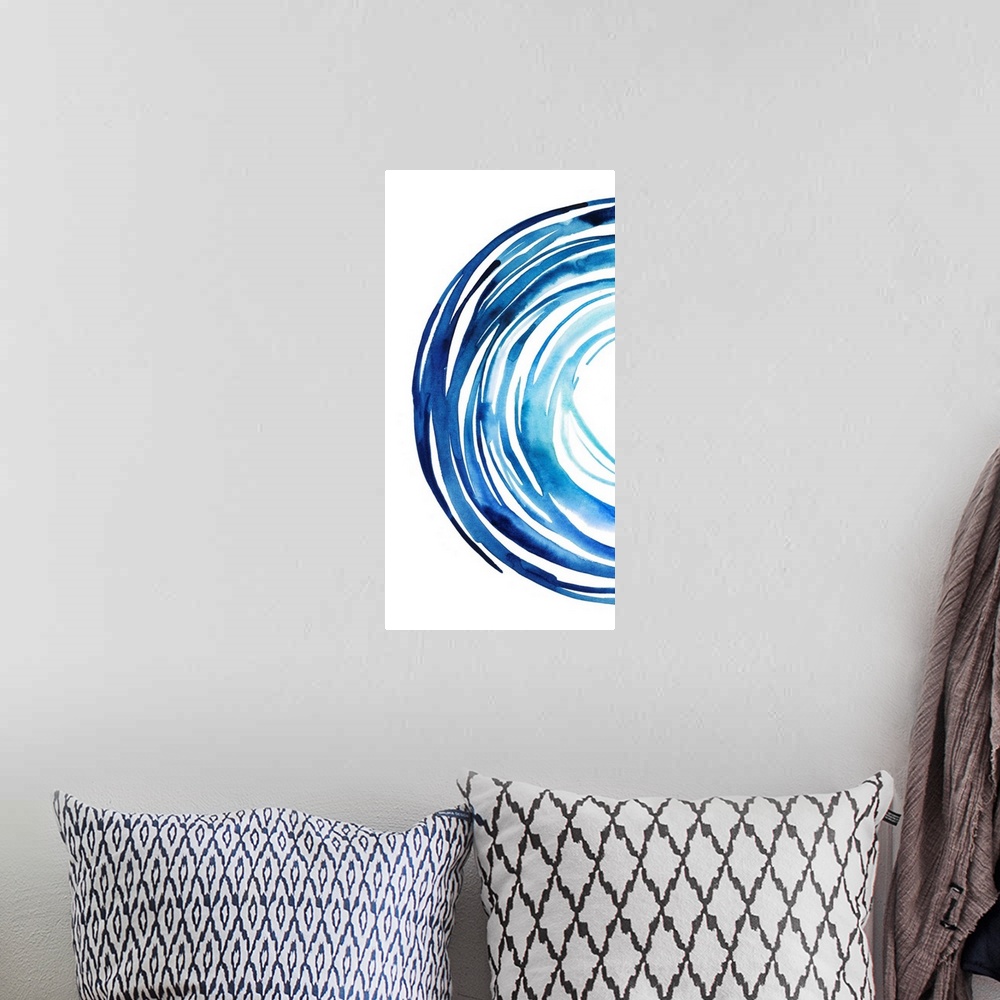 A bohemian room featuring This contemporary artwork is part one of two that contains a half circle made up of blue gestural...