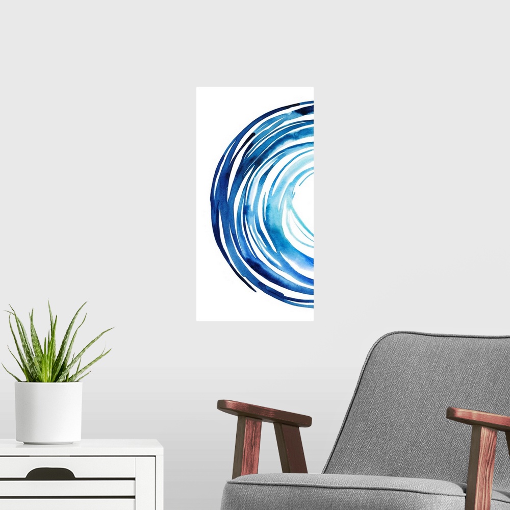 A modern room featuring This contemporary artwork is part one of two that contains a half circle made up of blue gestural...