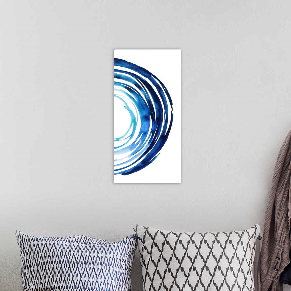 A bohemian room featuring This contemporary artwork is part one of two that contains a half circle made up of blue gestural...