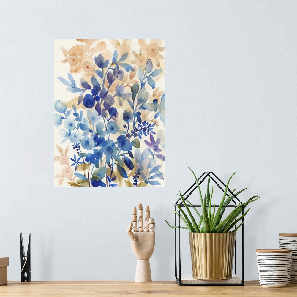 A bohemian room featuring Vertical watercolor painting of wildflowers made in shades of blue and orange.