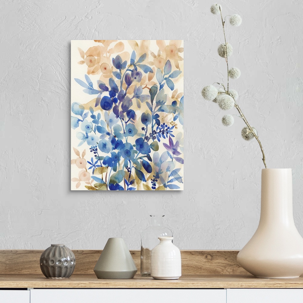 A farmhouse room featuring Vertical watercolor painting of wildflowers made in shades of blue and orange.