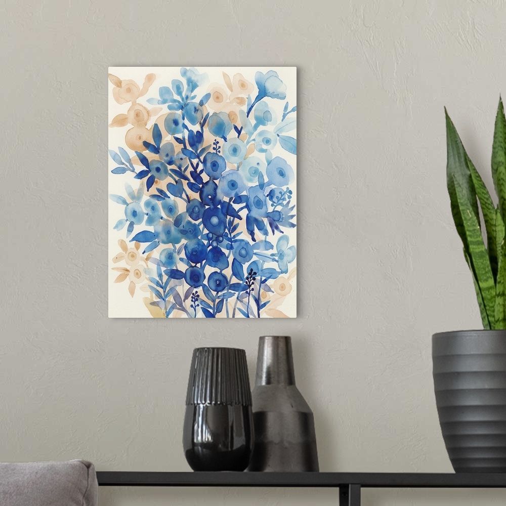 A modern room featuring Vertical watercolor painting of wildflowers made in shades of blue and orange.