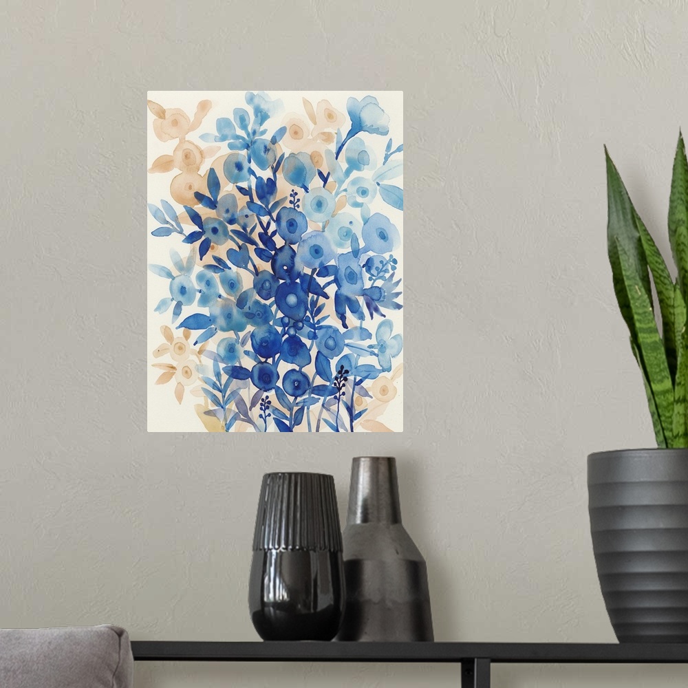 A modern room featuring Vertical watercolor painting of wildflowers made in shades of blue and orange.