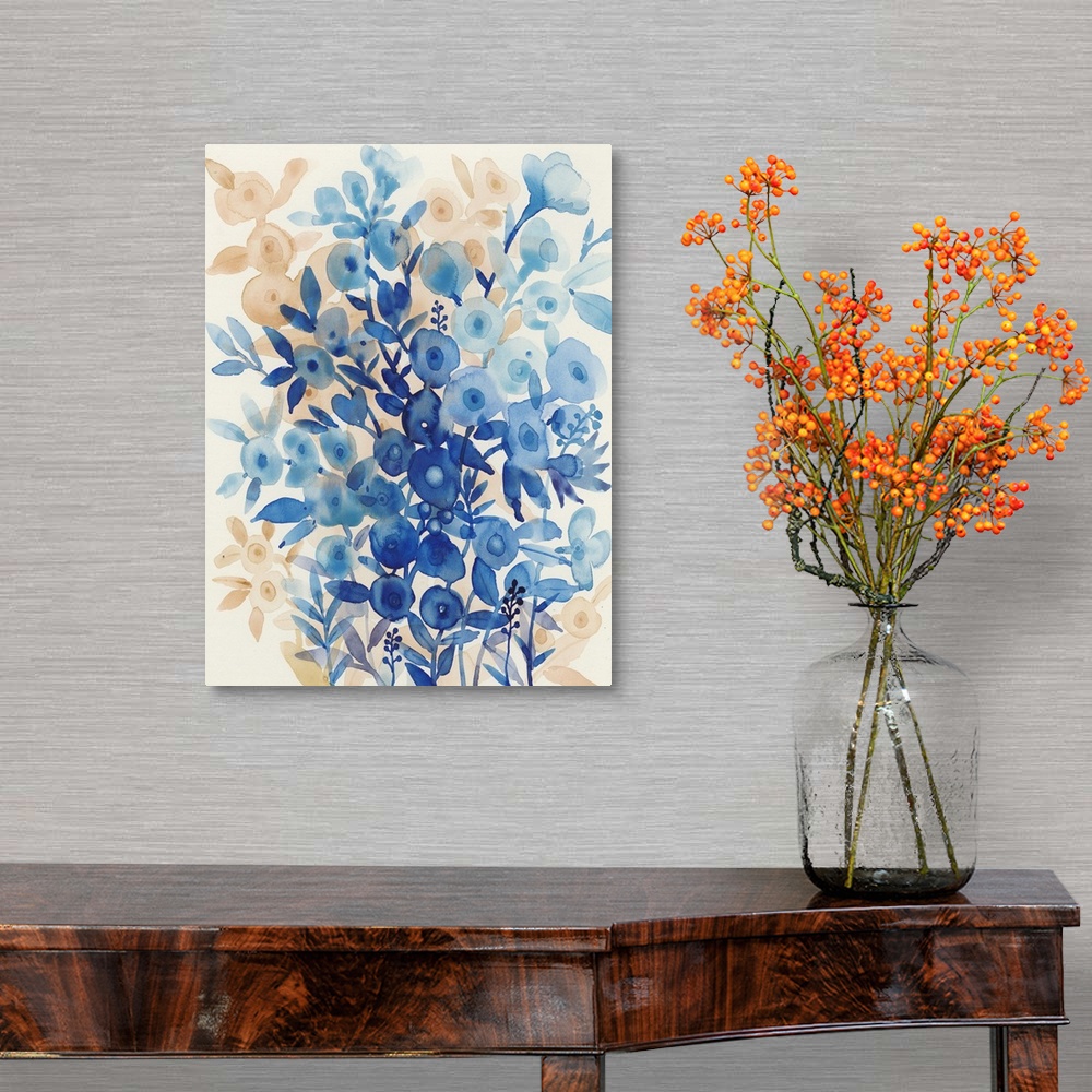 A traditional room featuring Vertical watercolor painting of wildflowers made in shades of blue and orange.