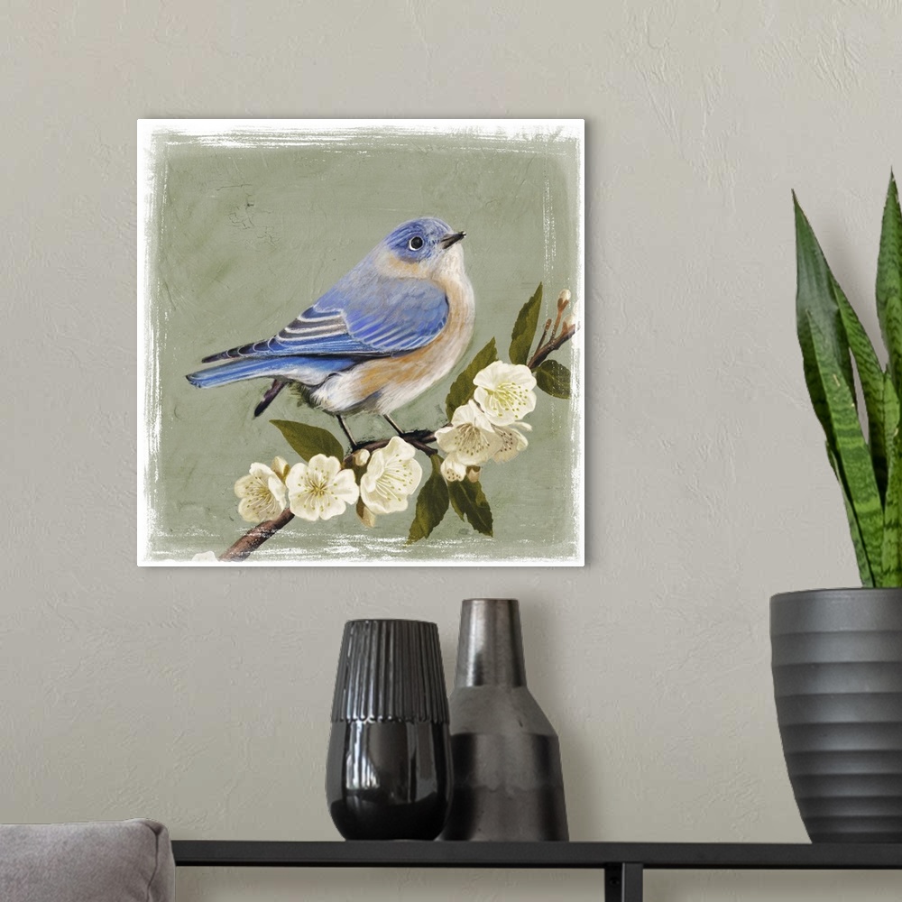A modern room featuring Decorative artwork of a bluebird is perched on a cherry blossom branch on a muted green background.