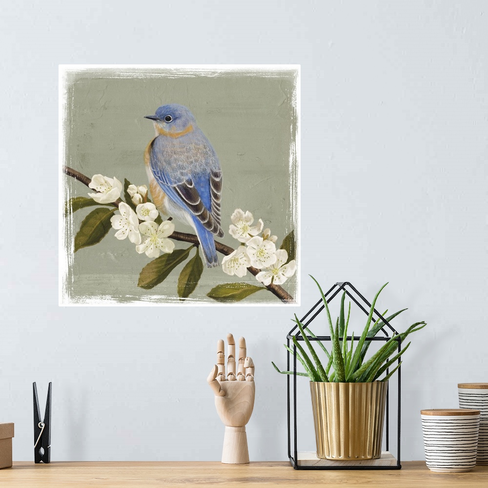 A bohemian room featuring Decorative artwork of a bluebird is perched on a cherry blossom branch on a muted green background.