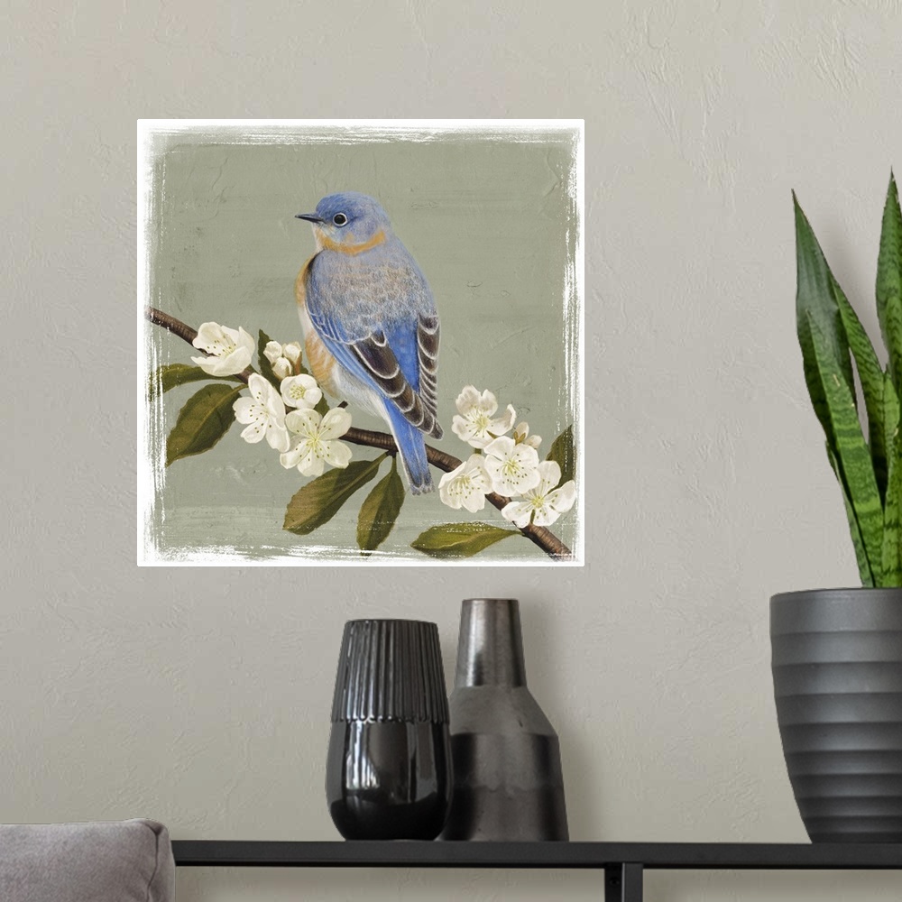 A modern room featuring Decorative artwork of a bluebird is perched on a cherry blossom branch on a muted green background.