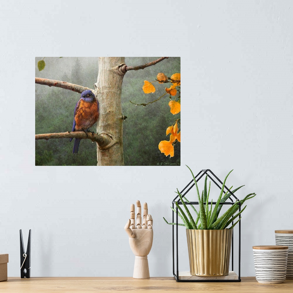 A bohemian room featuring Painting of a blue bird sitting on a tree branch with a dense and foggy forest in the background ...