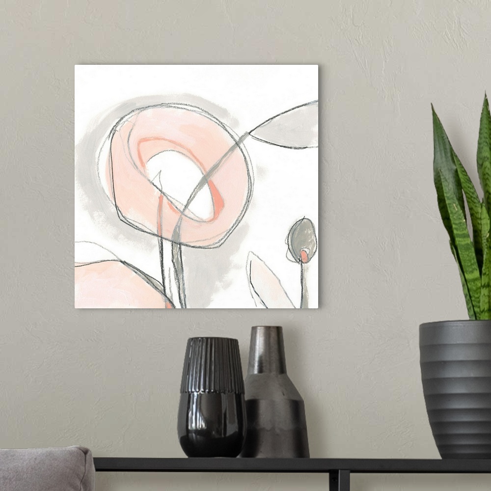 A modern room featuring A contemporary abstract painting in organic shapes, reminiscent of a circular pink flower with gr...