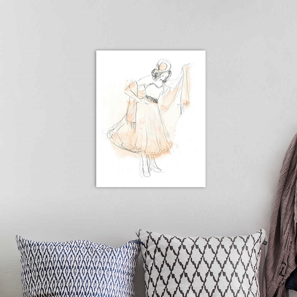 A bohemian room featuring Artistic drawing of a fashionable woman in a dress with light watercolor accents in blush.