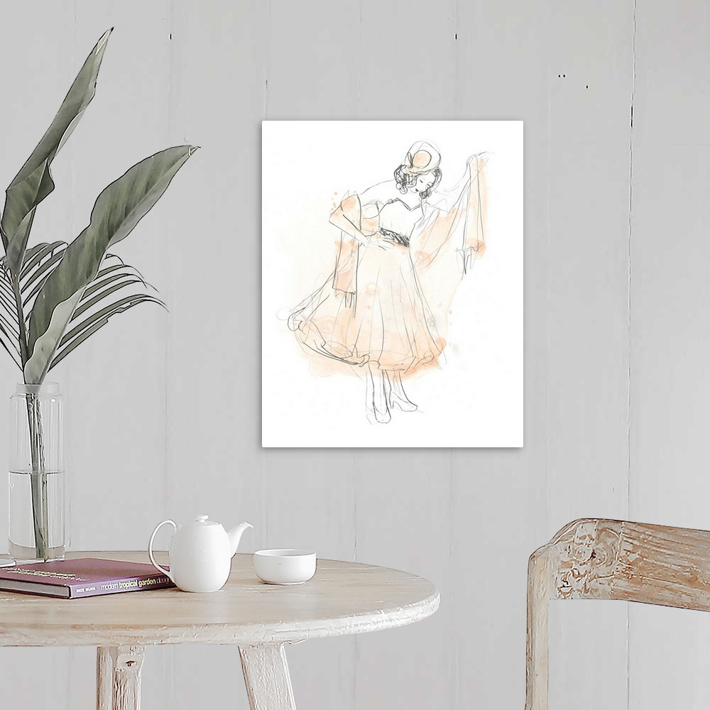 A farmhouse room featuring Artistic drawing of a fashionable woman in a dress with light watercolor accents in blush.