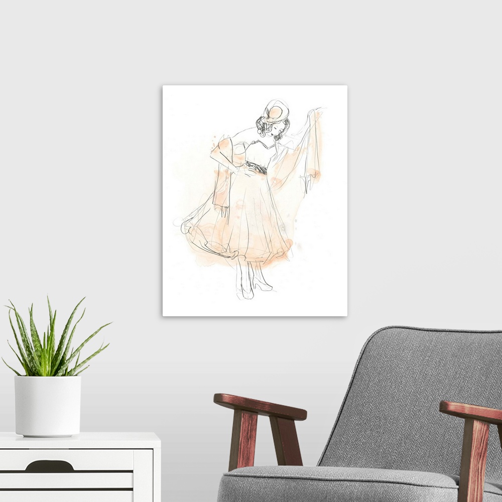 A modern room featuring Artistic drawing of a fashionable woman in a dress with light watercolor accents in blush.