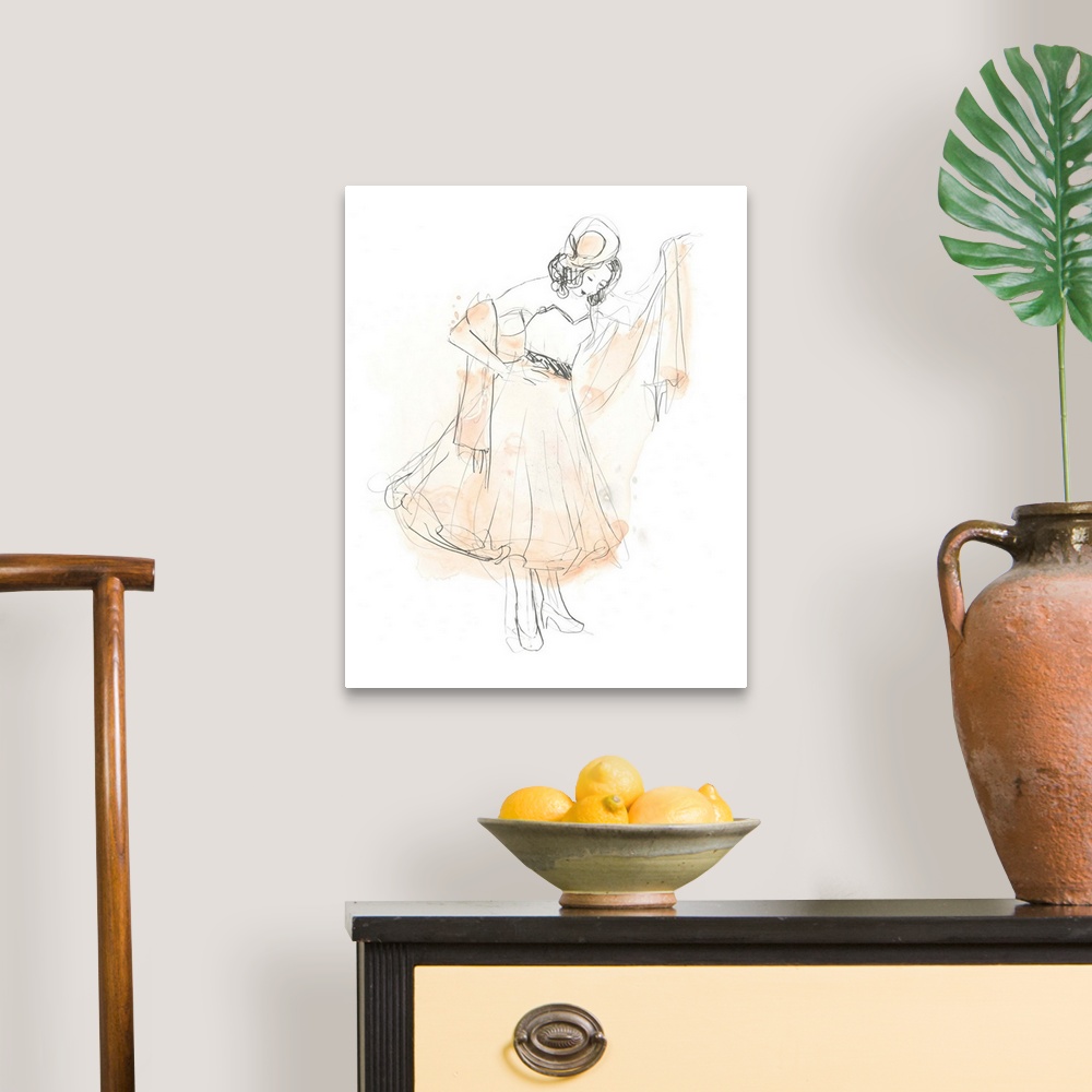 A traditional room featuring Artistic drawing of a fashionable woman in a dress with light watercolor accents in blush.