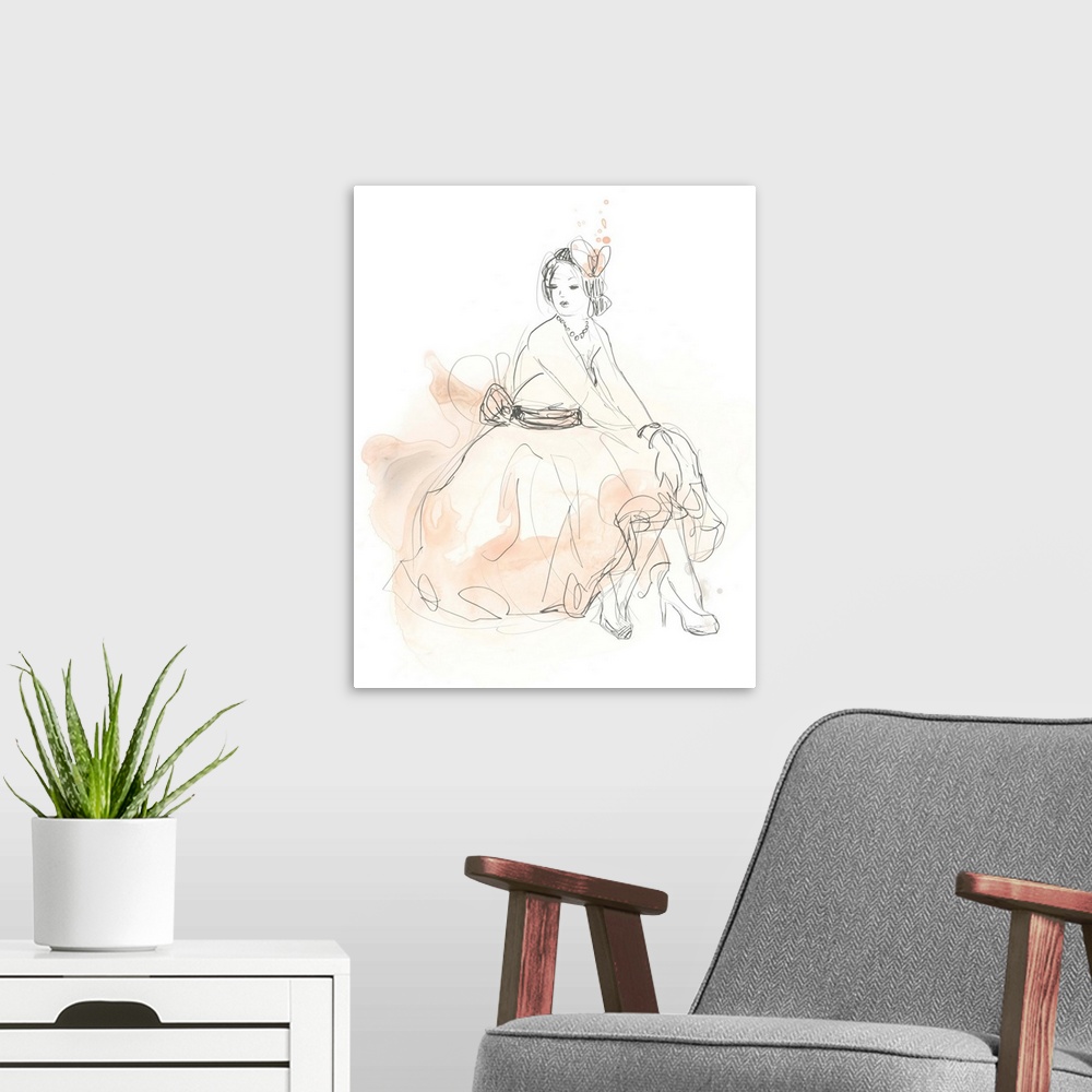 A modern room featuring Artistic drawing of a fashionable woman in a dress with light watercolor accents in blush.