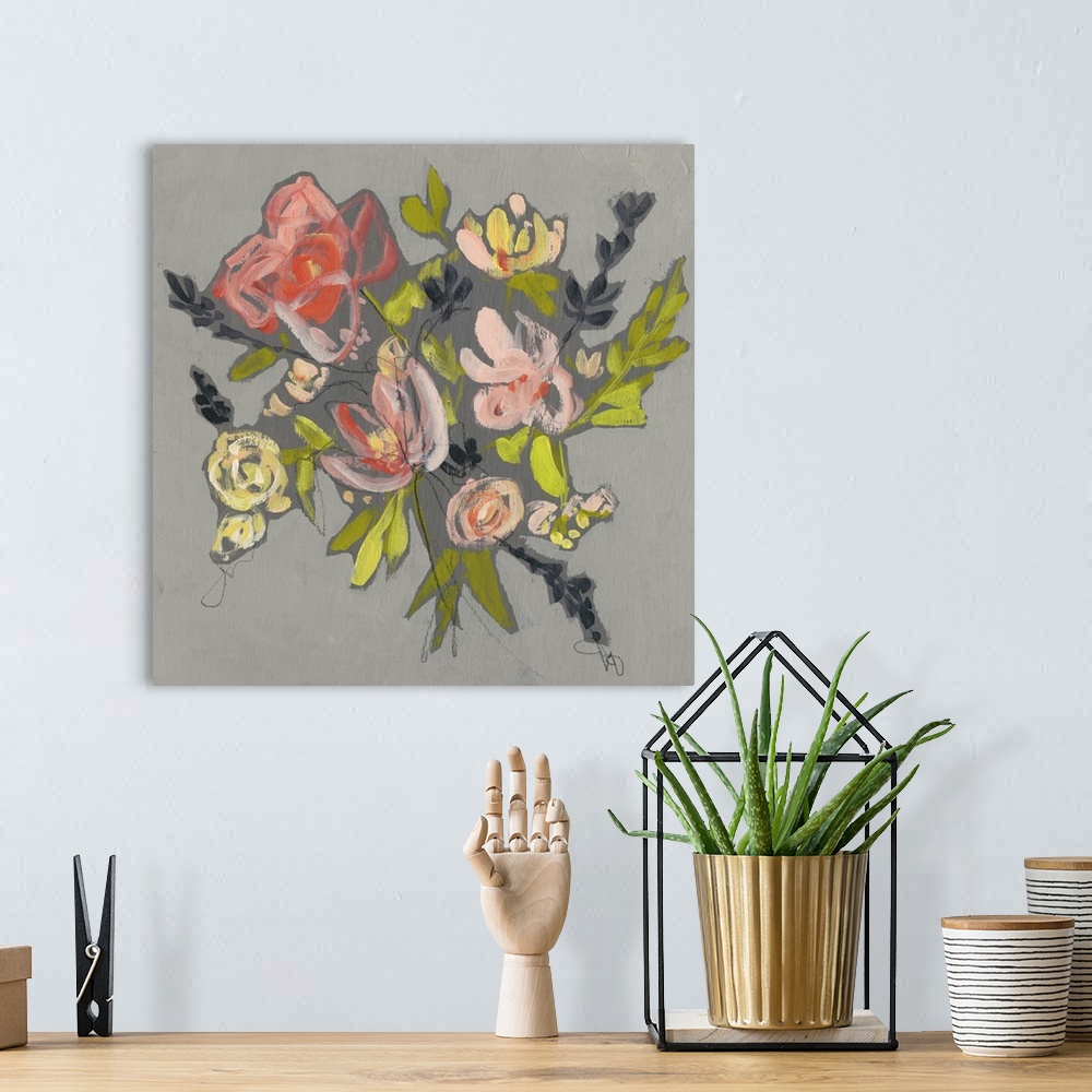 A bohemian room featuring This contemporary artwork consists of whimsical and romantic bouquet of flowers with bright green...