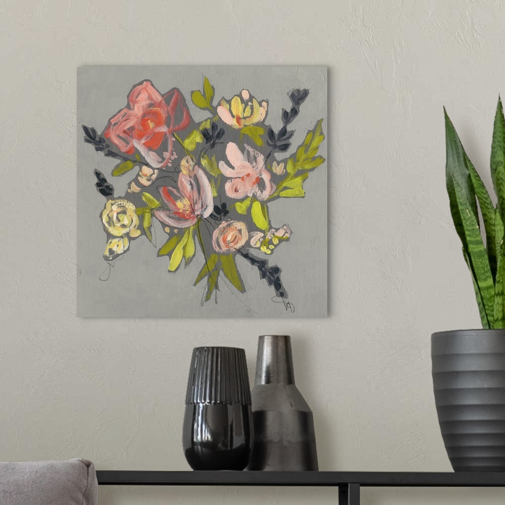 A modern room featuring This contemporary artwork consists of whimsical and romantic bouquet of flowers with bright green...