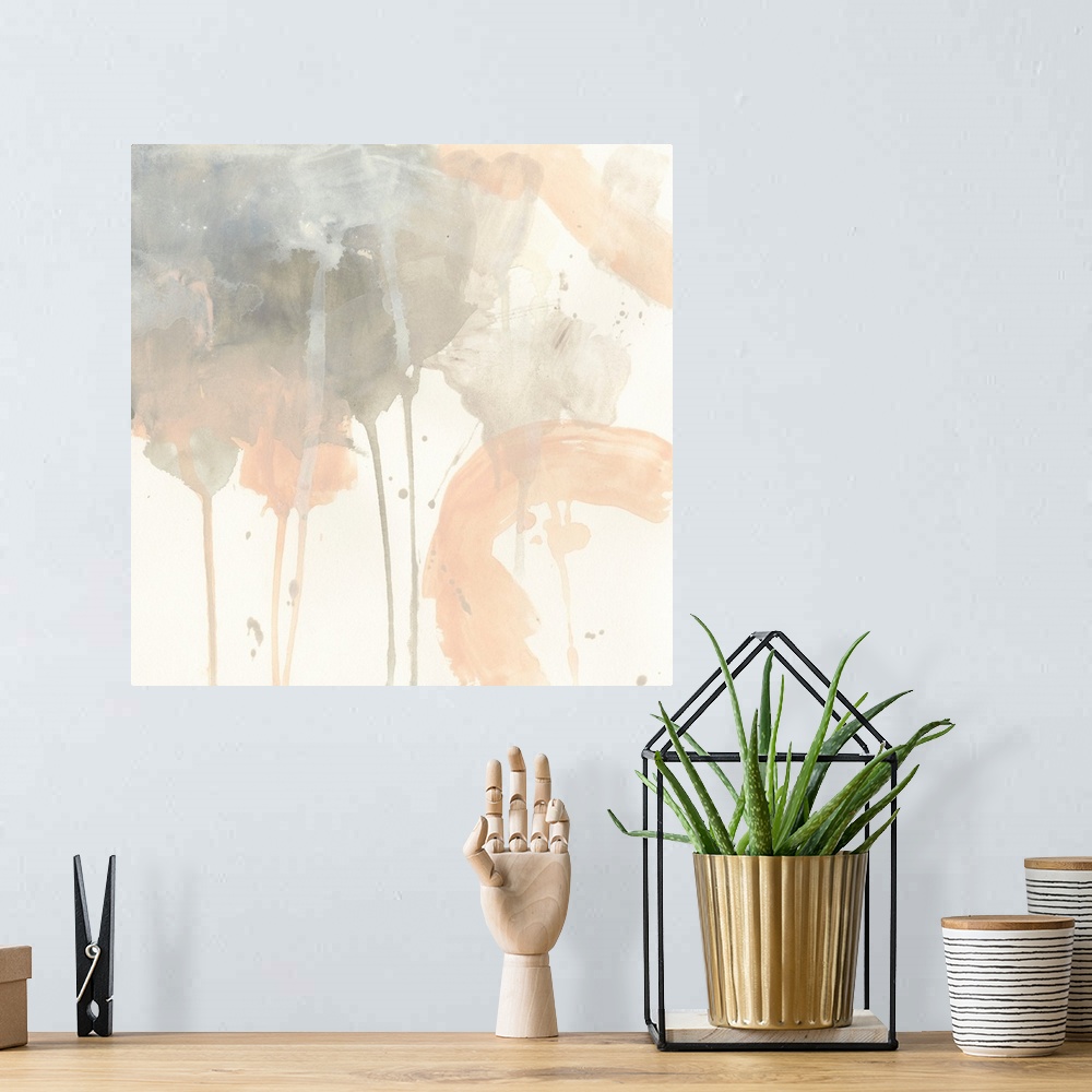 A bohemian room featuring Contemporary watercolor abstract painting in shades of blush pink and gray.