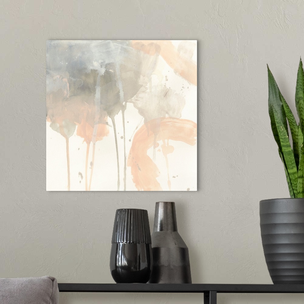 A modern room featuring Contemporary watercolor abstract painting in shades of blush pink and gray.