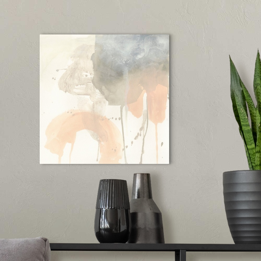 A modern room featuring Contemporary watercolor abstract painting in shades of blush pink and gray.