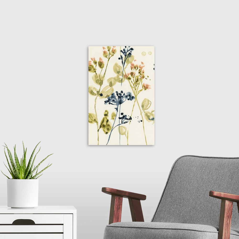 A modern room featuring Watercolor flower buds against a tan background.