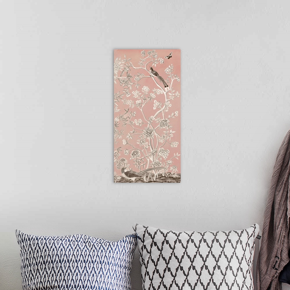 A bohemian room featuring Pale pink Chinese style artwork of a flowering bush with pheasants.