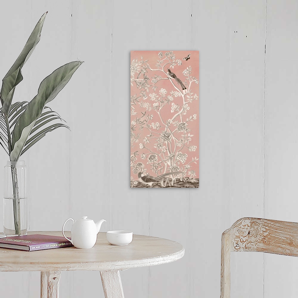 A farmhouse room featuring Pale pink Chinese style artwork of a flowering bush with pheasants.